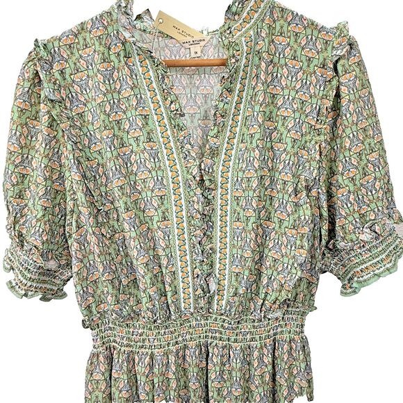 Max Studio Plus NWT Maxi Dress 1X Green Boho Floral Ruffle Milkmaid Cottagecore - Picture 2 of 9